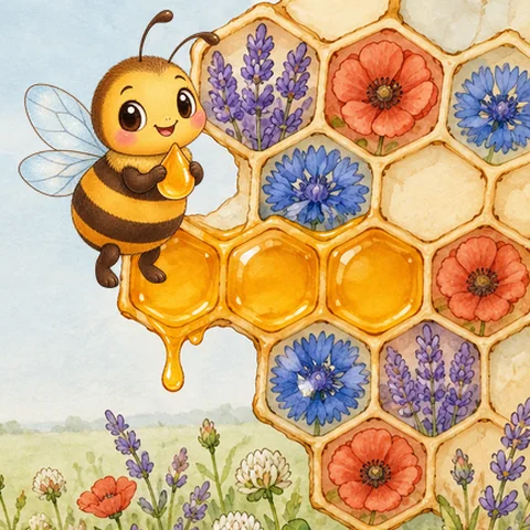 Mel, la abeja, sobre un panal con flores y miel, en un prado en acuarela.