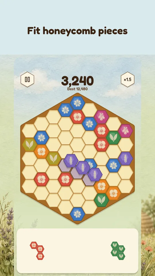 Fit honeycomb pieces: a game in progress, with a piece being dragged and a line about to be completed.