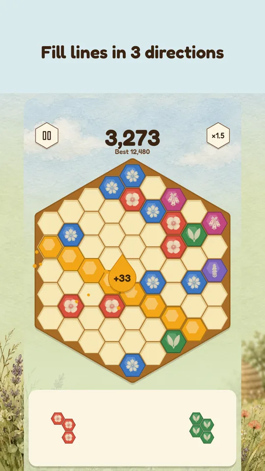 Fill lines in 3 directions: a diagonal clears, full of honey.
