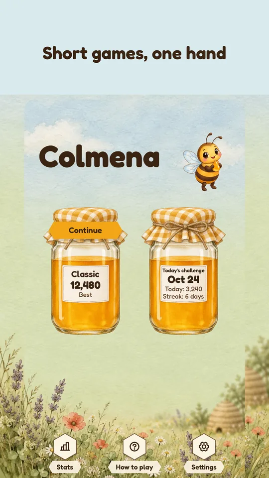 Short games, one hand: the home screen with the two jars and Mel.