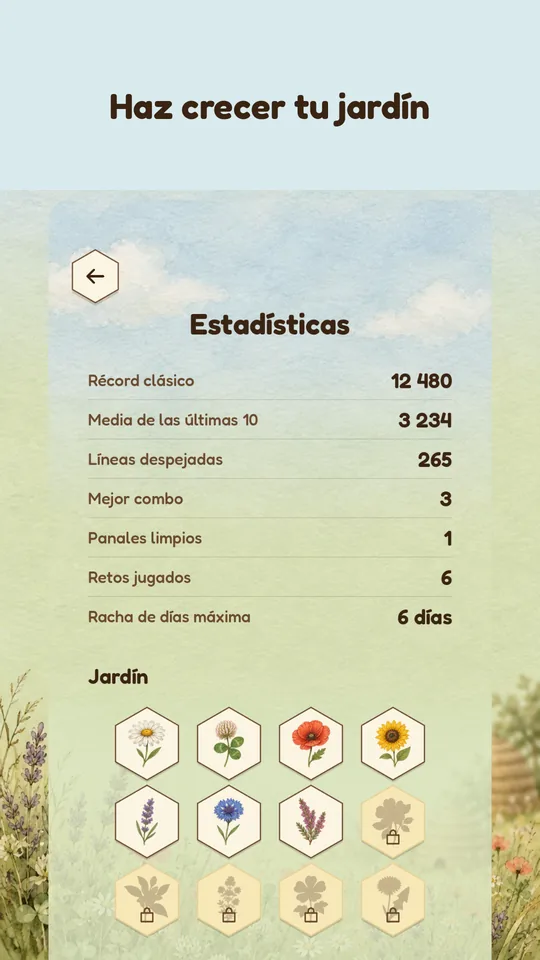 Haz crecer tu jardín: el jardín con siete flores desbloqueadas.