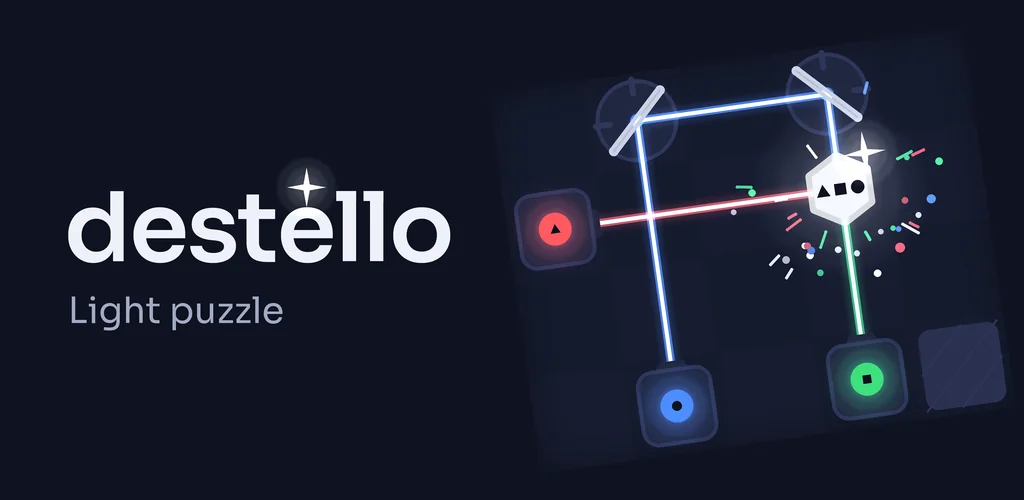 Destello feature graphic: the logo next to a board where three beams of light reach a white crystal.