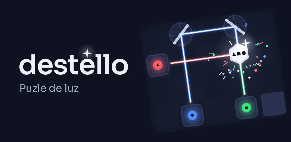 Gráfico de Destello: el logotipo junto a un tablero donde tres rayos de luz llegan a un cristal blanco.