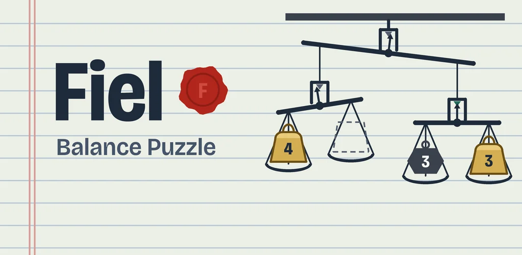 Fiel graphic: the name and a wax seal on ruled paper, next to a mobile of three scales with brass and iron weights.