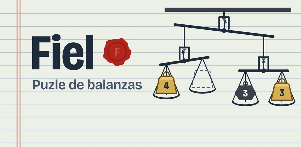 Gráfico de Fiel: el nombre y un sello de lacre sobre papel rayado, junto a un móvil de tres balanzas con pesas de latón y de hierro.