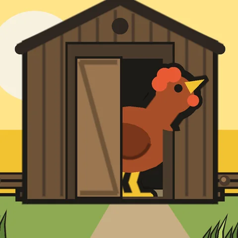 Una gallina asoma por la puerta de un galpón de madera, sobre el pasto.