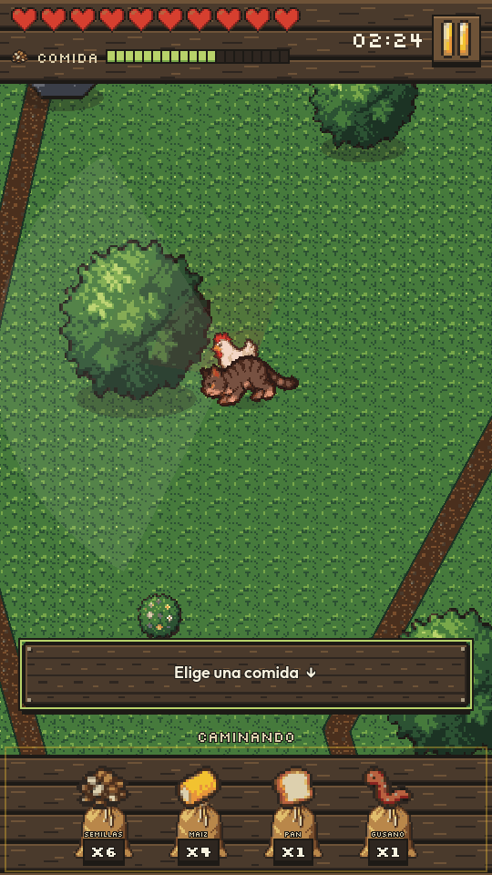 Galpan en el Bosque: la gallina blanca y un gato atigrado junto a un árbol, con los sacos de comida abajo.