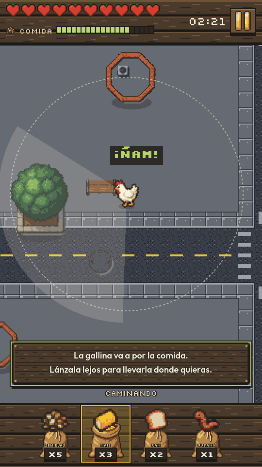Galpan en la Ciudad: la gallina en la acera junto a la calzada, con un árbol de calle al lado.
