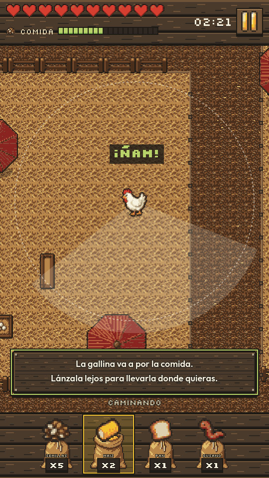 Galpan en el Gallinero: la gallina en un corral de paja con el alcance de la comida marcado en el suelo.