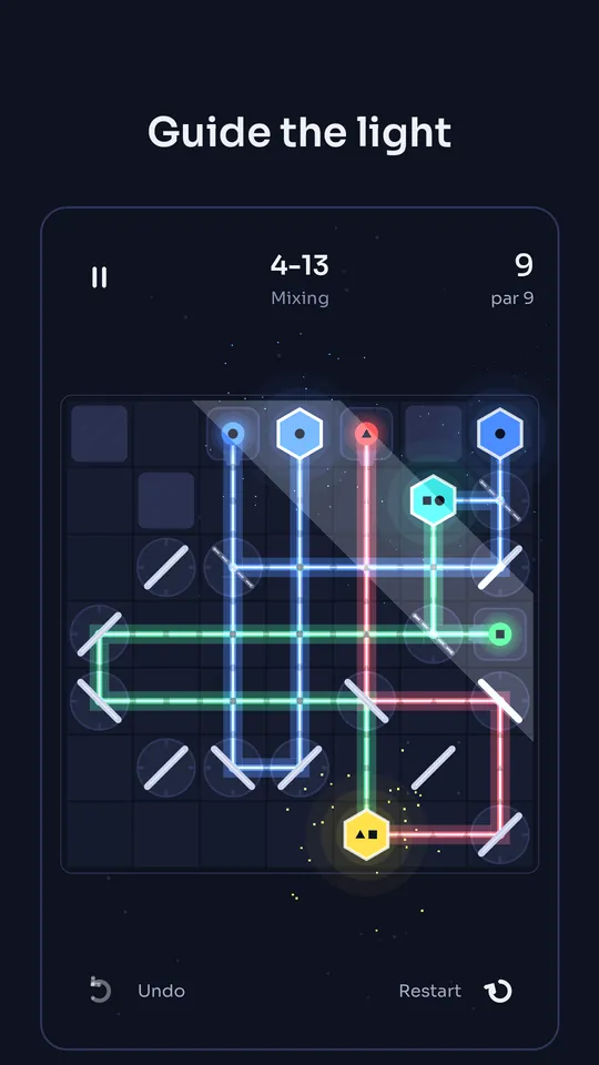 Guide the light: a 7 by 7 board where red, green and blue beams light up colored crystals.