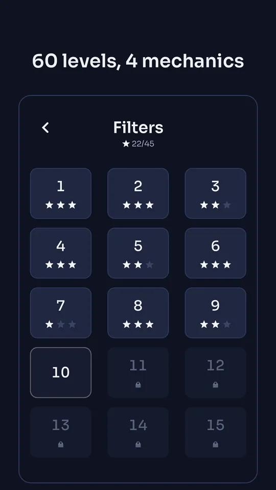 60 levels, 4 mechanics: the level select screen with stars.
